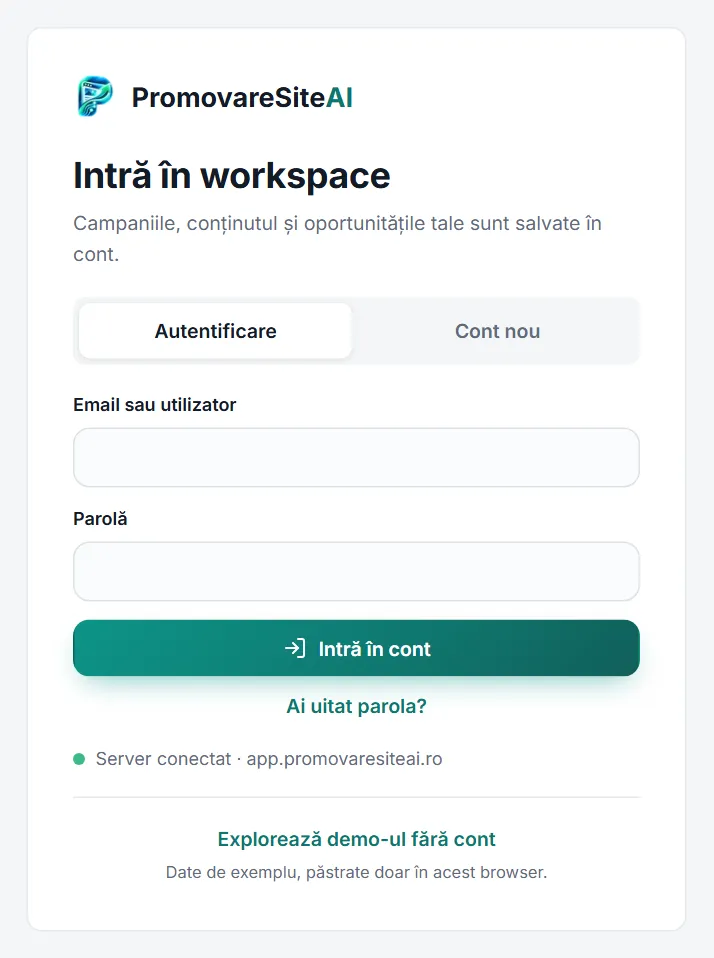 Pagina de autentificare din PromovareSiteAI, cu filele Autentificare și Cont nou, recuperarea parolei și linkul spre demo.