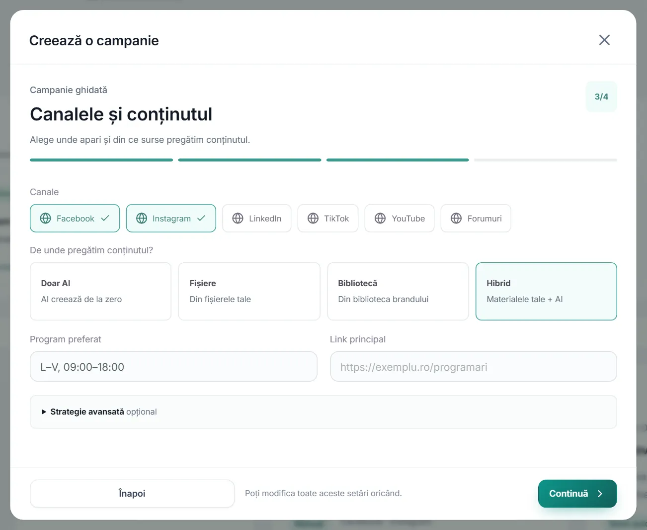 Pasul 3 din 4, Canalele și conținutul: Facebook și Instagram bifate, sursa Hibrid aleasă, programul preferat și linkul principal.