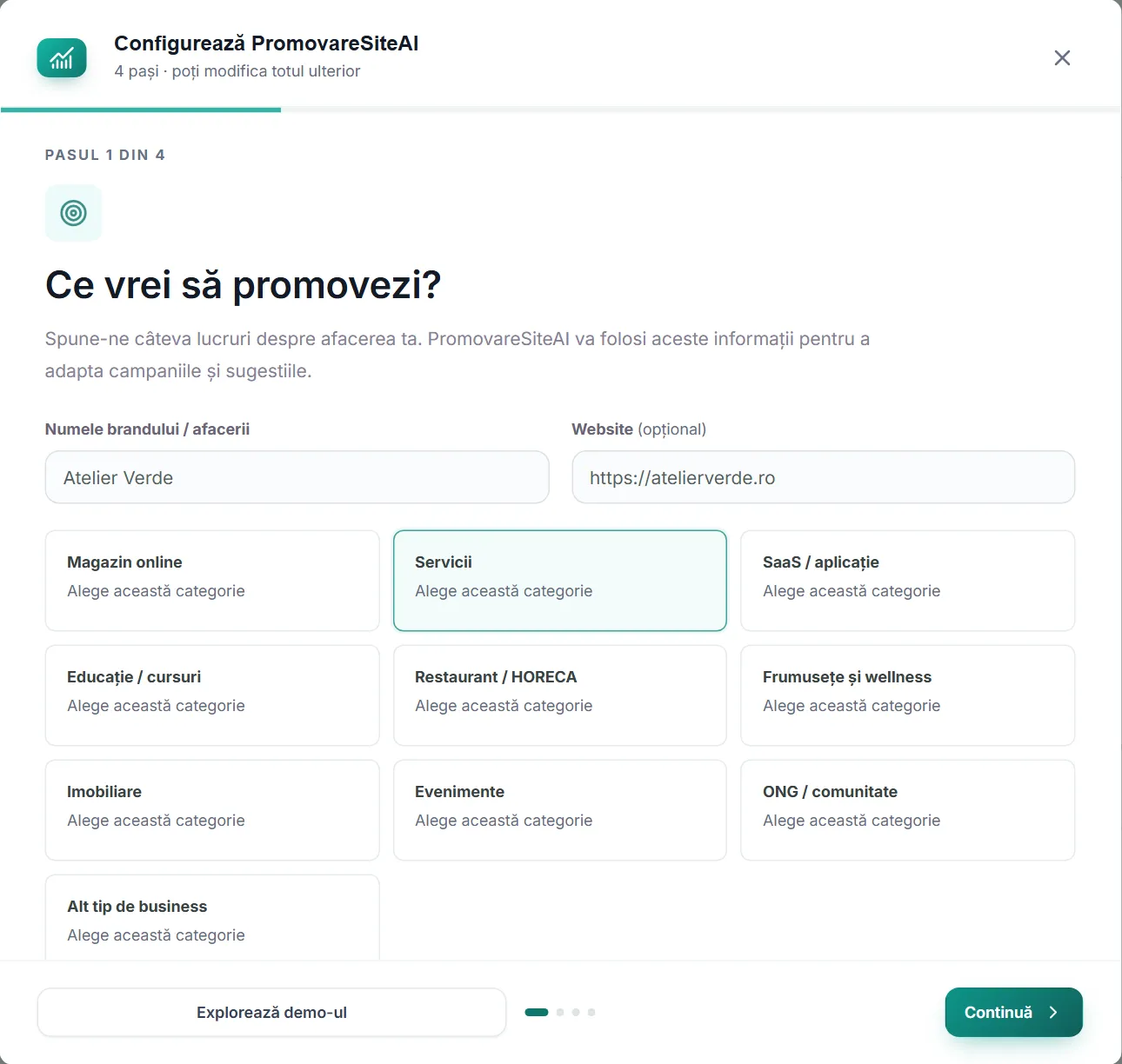 Pasul 1 din configurare: numele brandului, site-ul opțional și zece categorii de afacere.