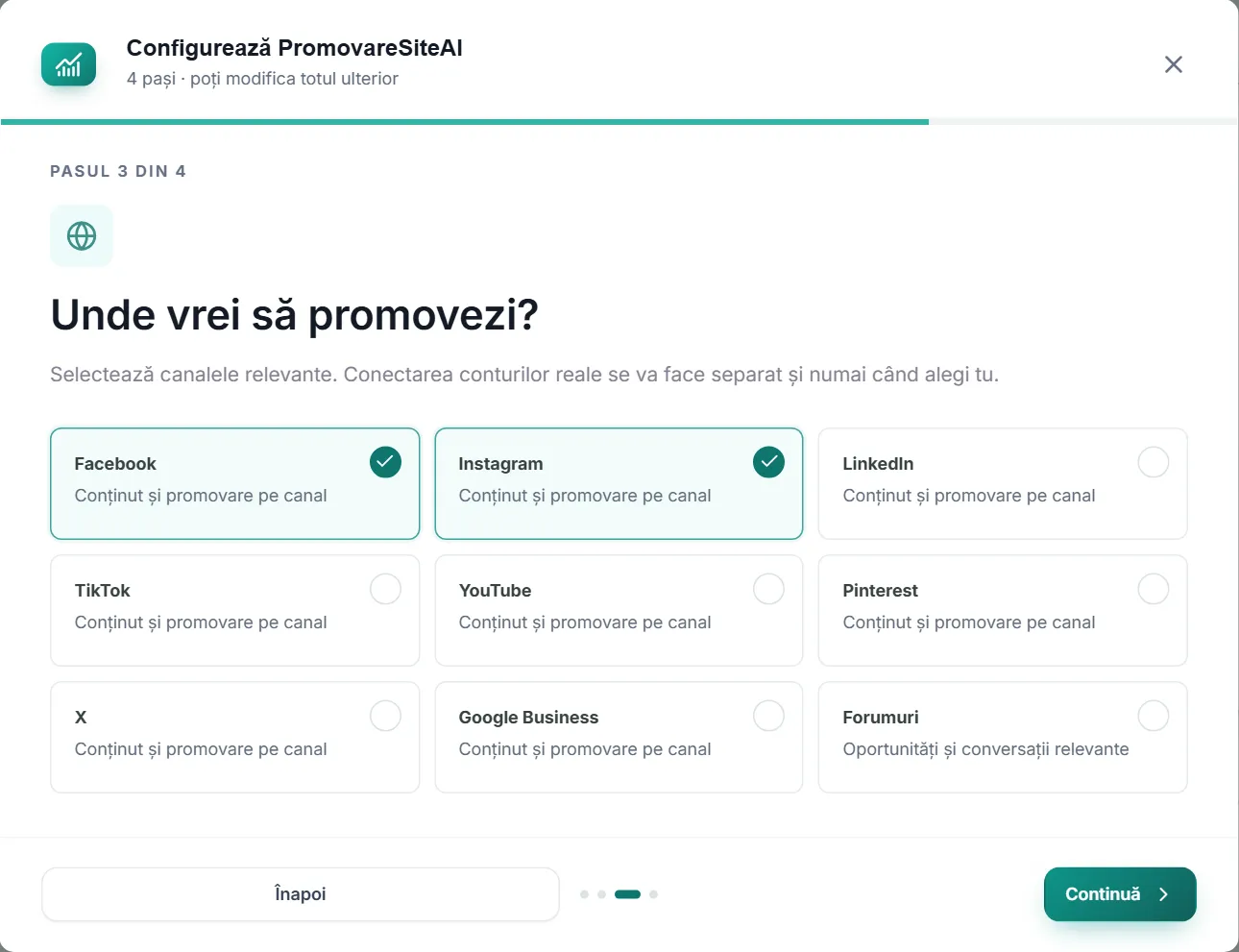 Pasul 3 din configurare: nouă canale, cu Facebook și Instagram selectate.