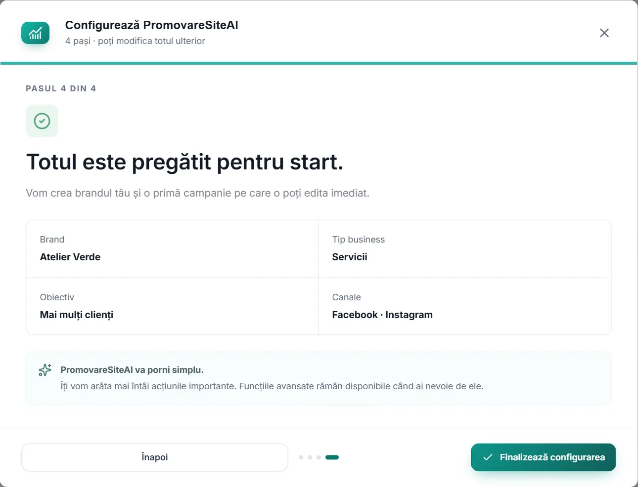 Pasul 4 din configurare: rezumatul cu brandul, tipul de business, obiectivul și canalele alese.
