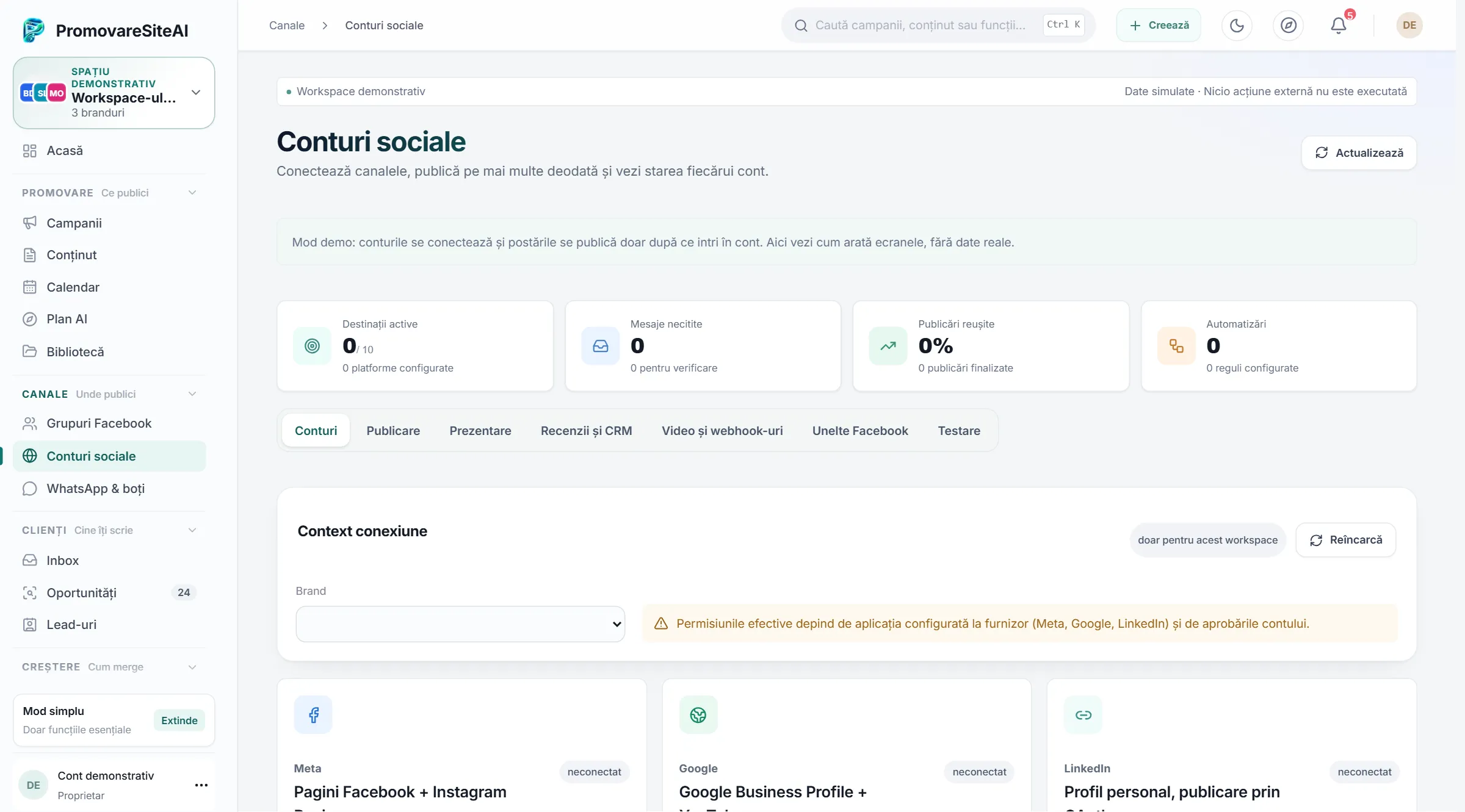 Ecranul Conturi sociale, cu indicatori, tab-uri de publicare și conectorii Meta, Google și LinkedIn.
