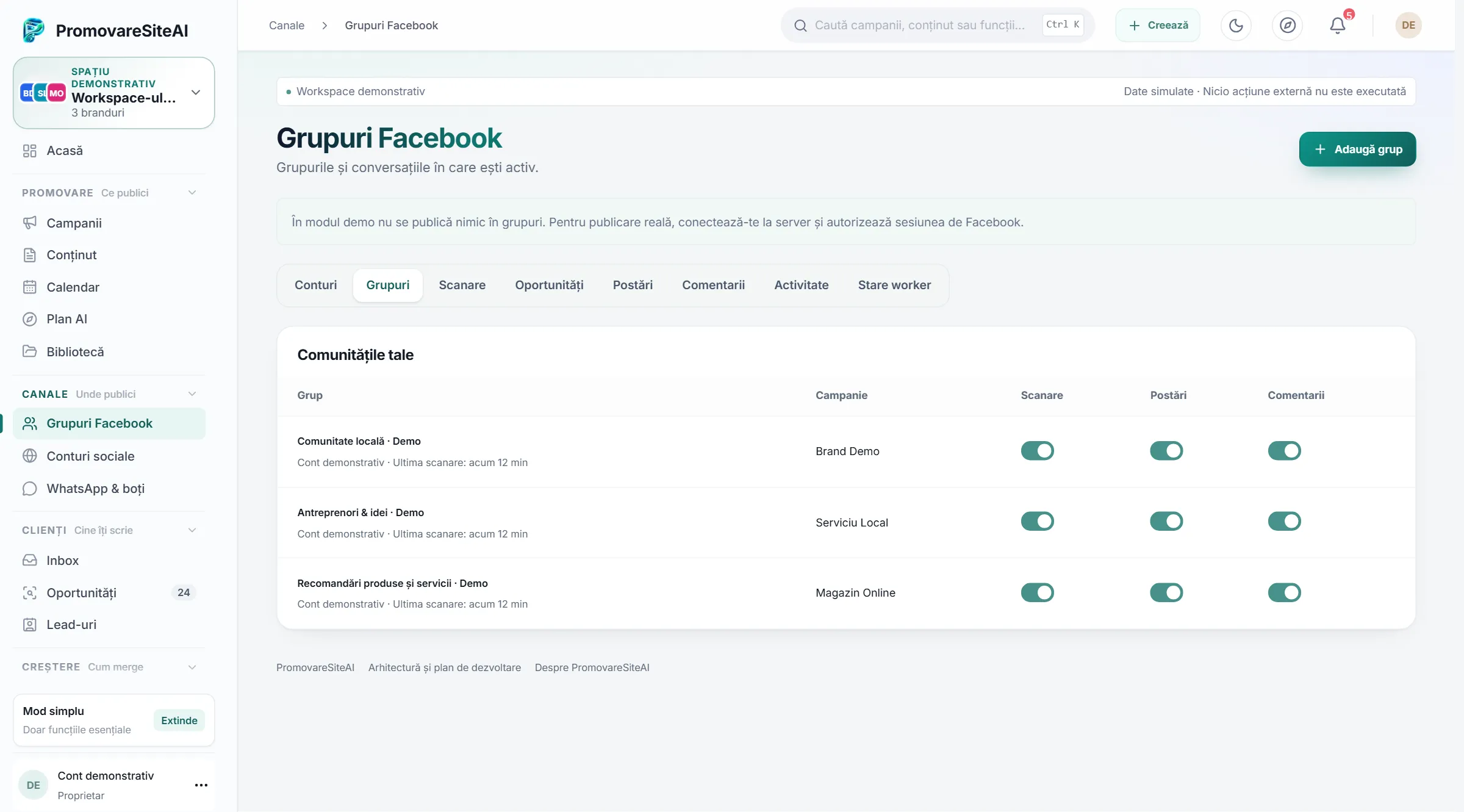 Modulul Grupuri Facebook, cu trei comunități demo și comutatoare pentru scanare, postări și comentarii.
