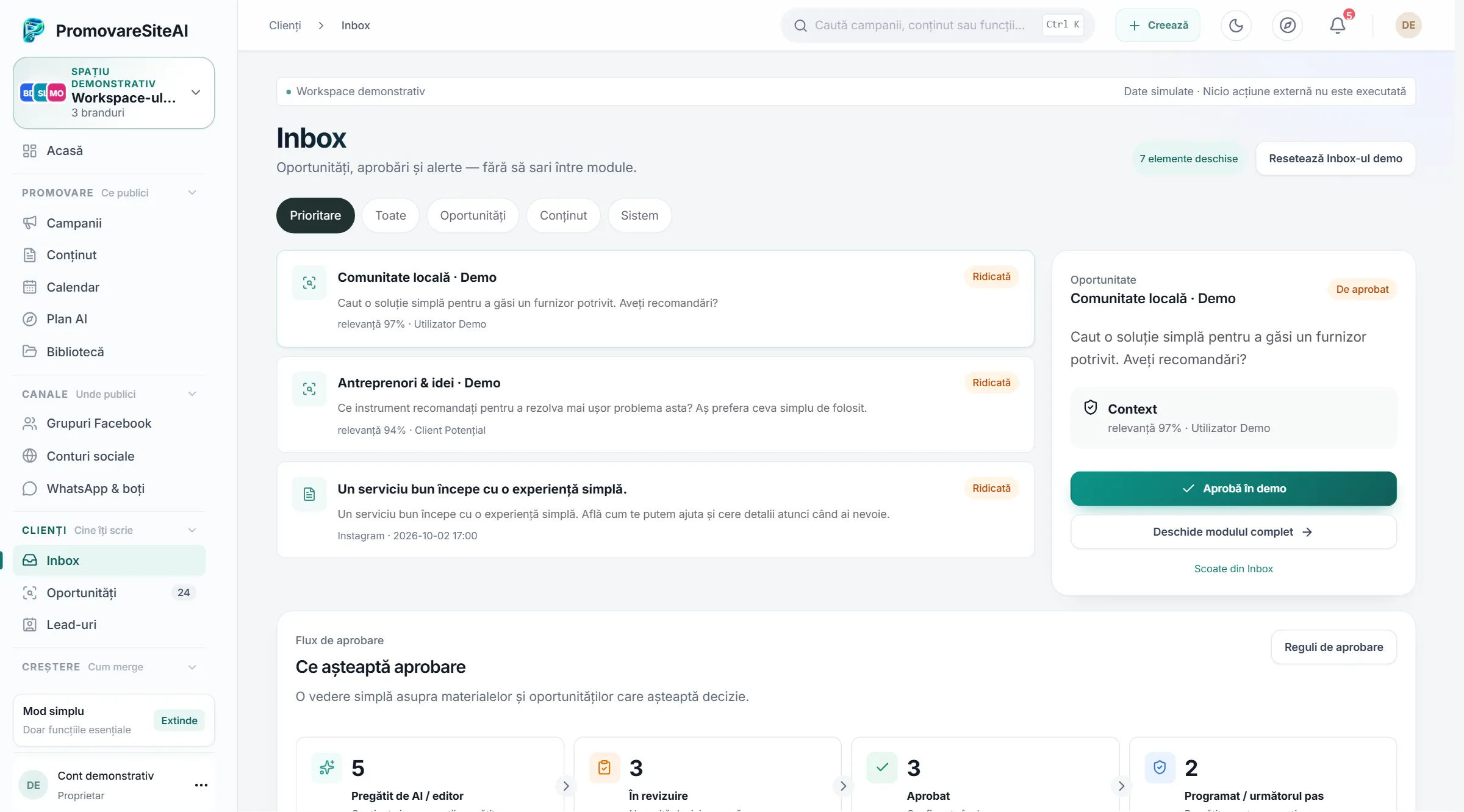 Inbox-ul din PromovareSiteAI, cu elemente prioritare și un panou de aprobare marcat ca demo.
