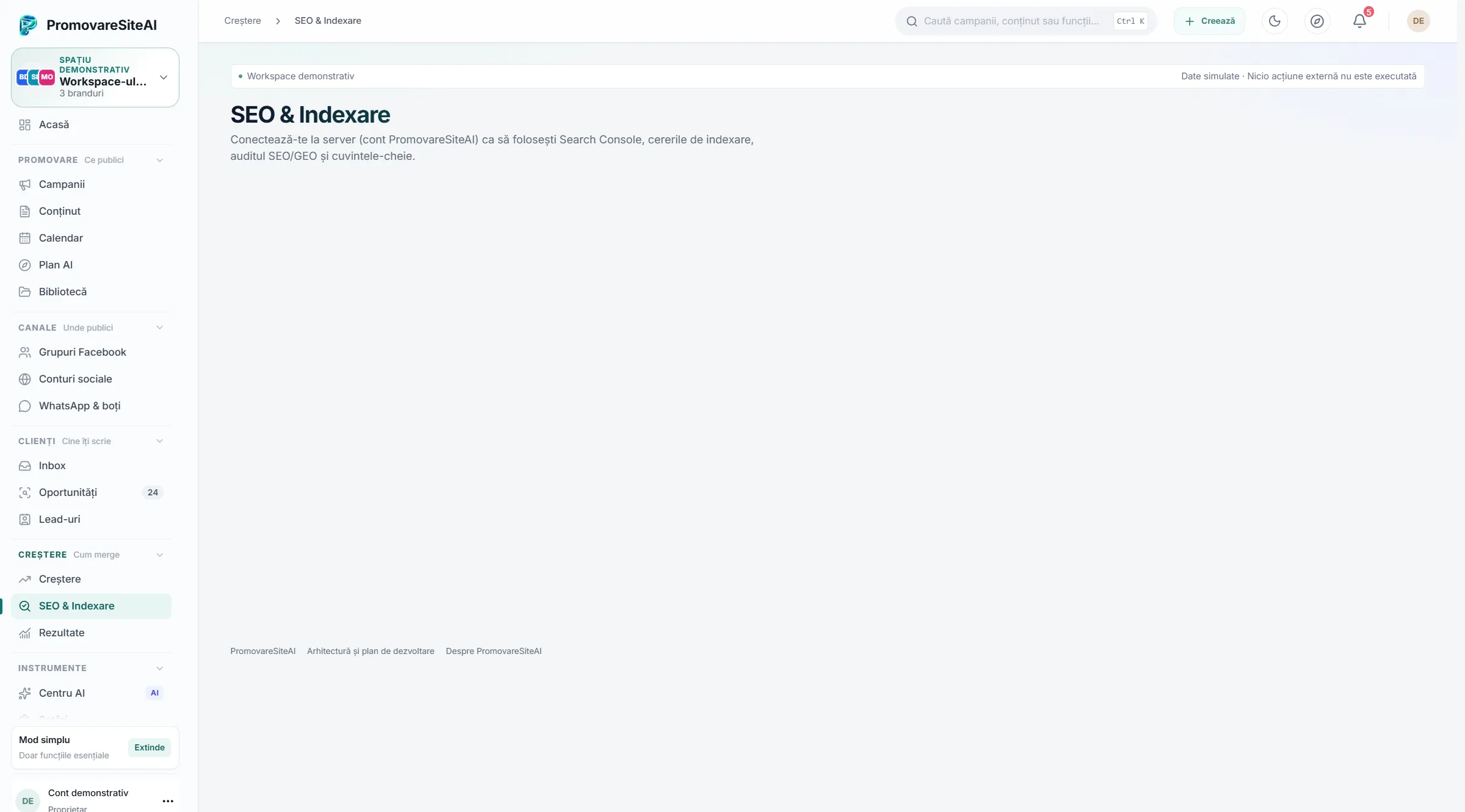 Modulul SEO și indexare, care cere un cont PromovareSiteAI ca să poată fi folosit.